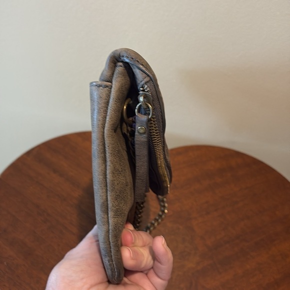 J. Crew  leather shoulder bag  dark Taupe  full depth front flap pocket chain st - Picture 5 of 12